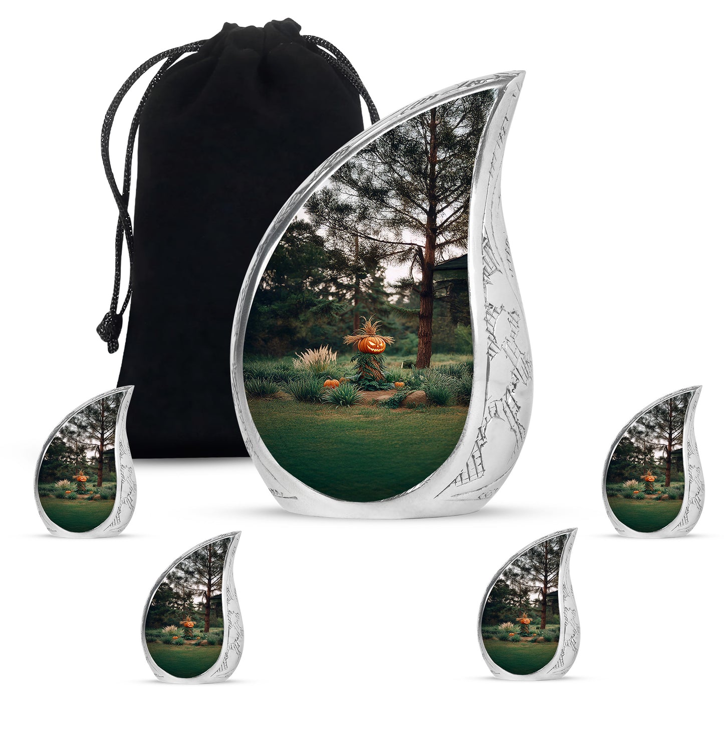 Obsidian Black Halloween Cremation Urn side profile showing urn shape - smooth teardrop contour featuring halloween art - memorial set with one large and four small urns