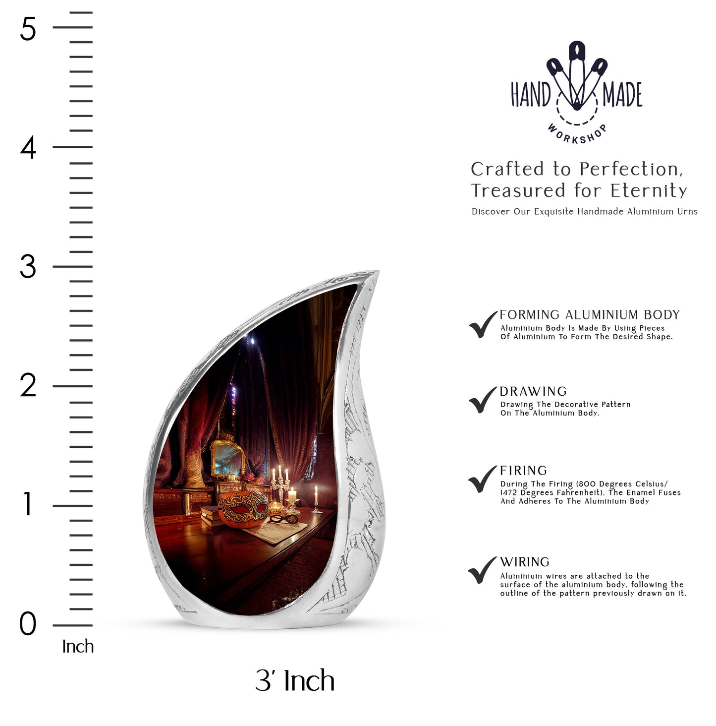 Burgundy Red Halloween Cremation Urn angled view of lid and engraved motif - rounded teardrop halloween design with delicate detail - mini keepsake memorial for portion of cremation ashes