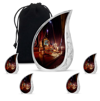 Crimson Red Halloween Cremation Urn side profile showing urn shape - rounded teardrop halloween design with delicate detail - memorial set with one large and four small urns