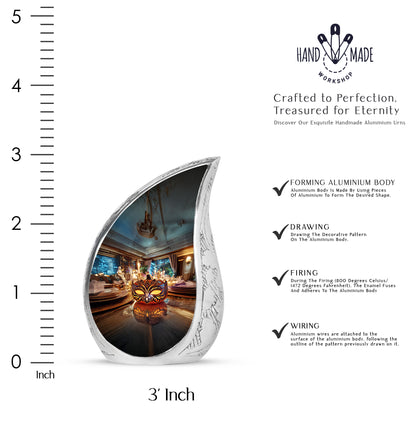 Royal Gold Halloween Cremation Urn angled view of lid and engraved motif - graceful tear-shaped urn with halloween motif - mini keepsake memorial for portion of cremation ashes