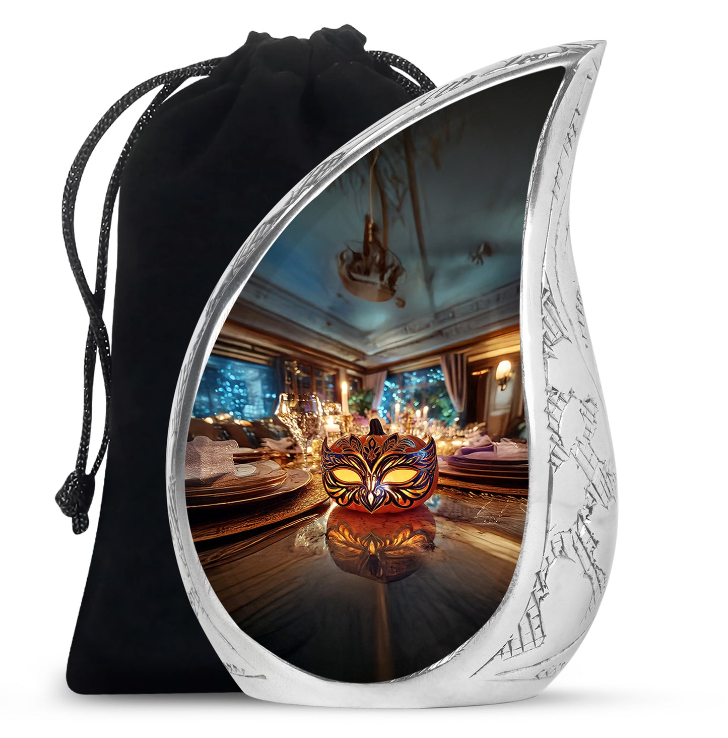 Royal Gold Halloween Cremation Urn front view showing detailed design - graceful tear-shaped urn with halloween motif - full-size 10 inch 200 cubic inch adult cremation urn