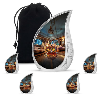 Royal Gold Halloween Cremation Urn side profile showing urn shape - smooth teardrop contour featuring halloween art - memorial set with one large and four small urns