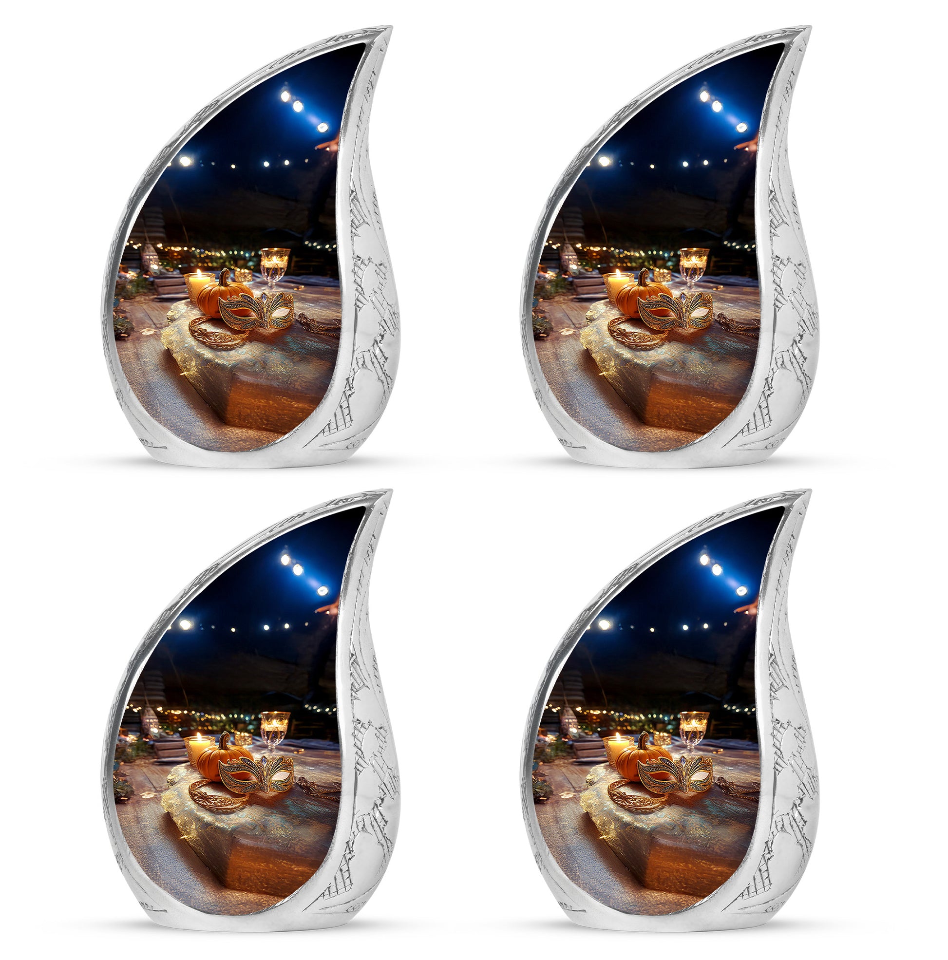Deep Black Halloween Cremation Urn close-up of engraving and surface detail - flowing teardrop halloween silhouette on curved aluminum - 10 inch aluminum urn for cremated remains