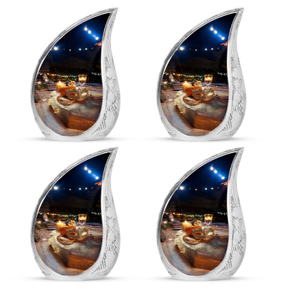 Deep Black Halloween Cremation Urn close-up of engraving and surface detail - flowing teardrop halloween silhouette on curved aluminum - 10 inch aluminum urn for cremated remains