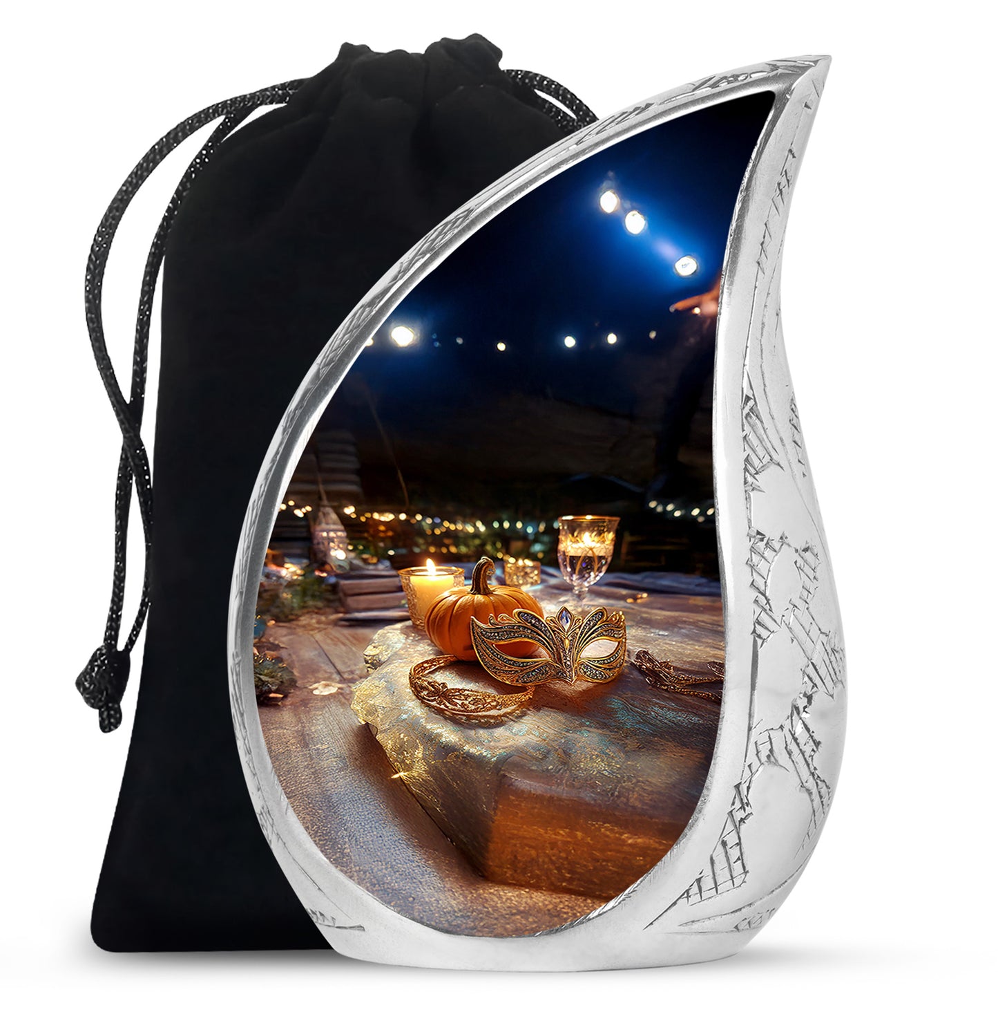 Jet Black Halloween Cremation Urn front view showing detailed design - flowing teardrop halloween silhouette on curved aluminum - full-size 10 inch 200 cubic inch adult cremation urn