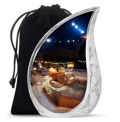 Jet Black Halloween Cremation Urn front view showing detailed design - flowing teardrop halloween silhouette on curved aluminum - full-size 10 inch 200 cubic inch adult cremation urn