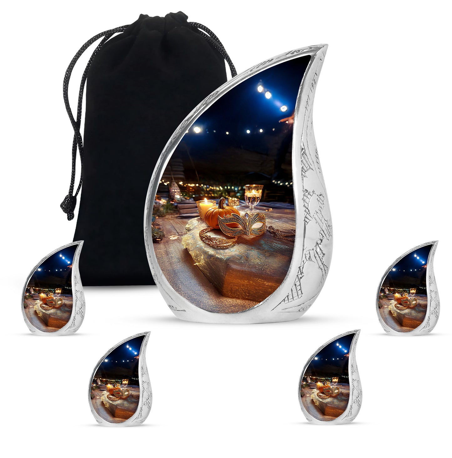 Obsidian Black Halloween Cremation Urn side profile showing urn shape - smooth teardrop contour featuring halloween art - memorial set with one large and four small urns