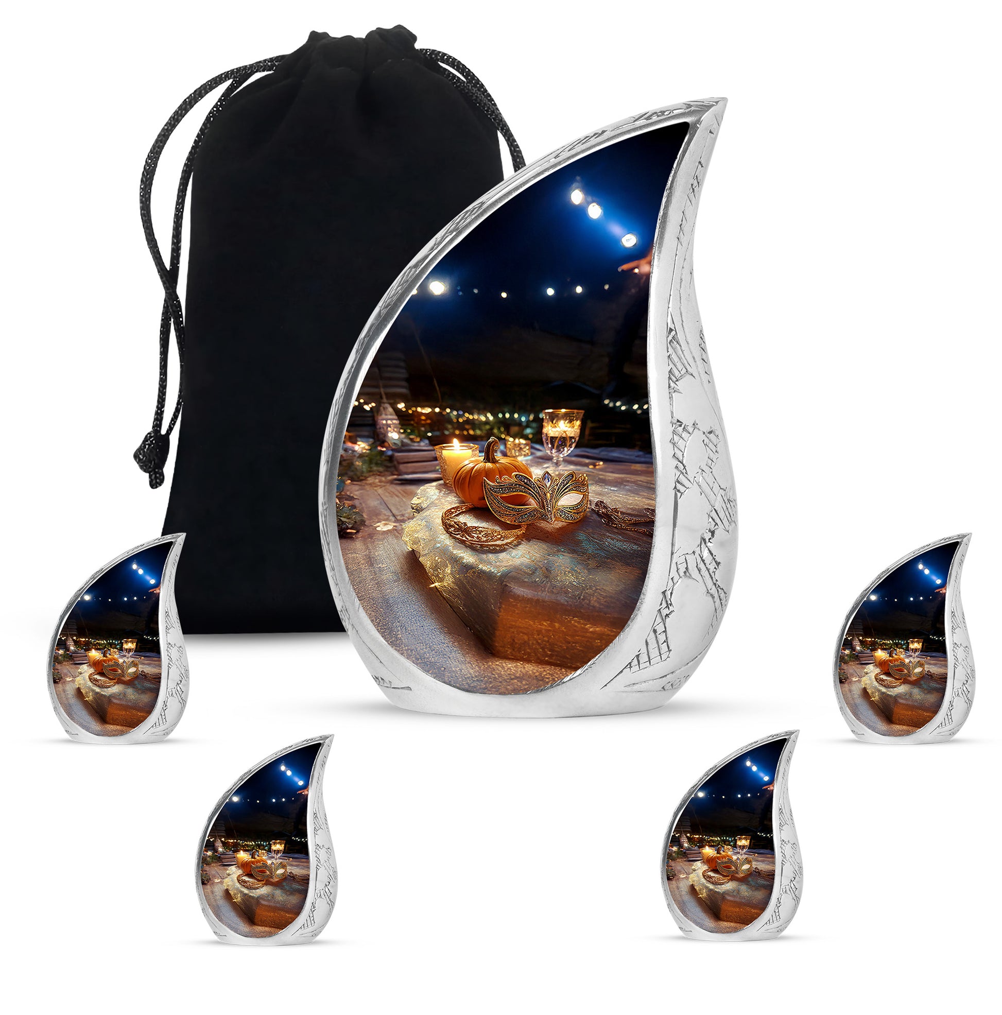 Obsidian Black Halloween Cremation Urn side profile showing urn shape - smooth teardrop contour featuring halloween art - memorial set with one large and four small urns