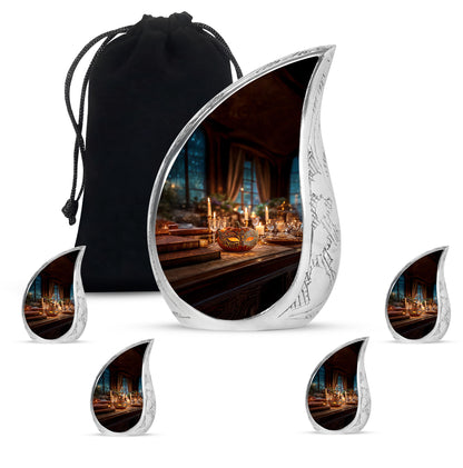 Amber Gold Halloween Cremation Urn side profile showing urn shape - rounded teardrop halloween design with delicate detail - memorial set with one large and four small urns