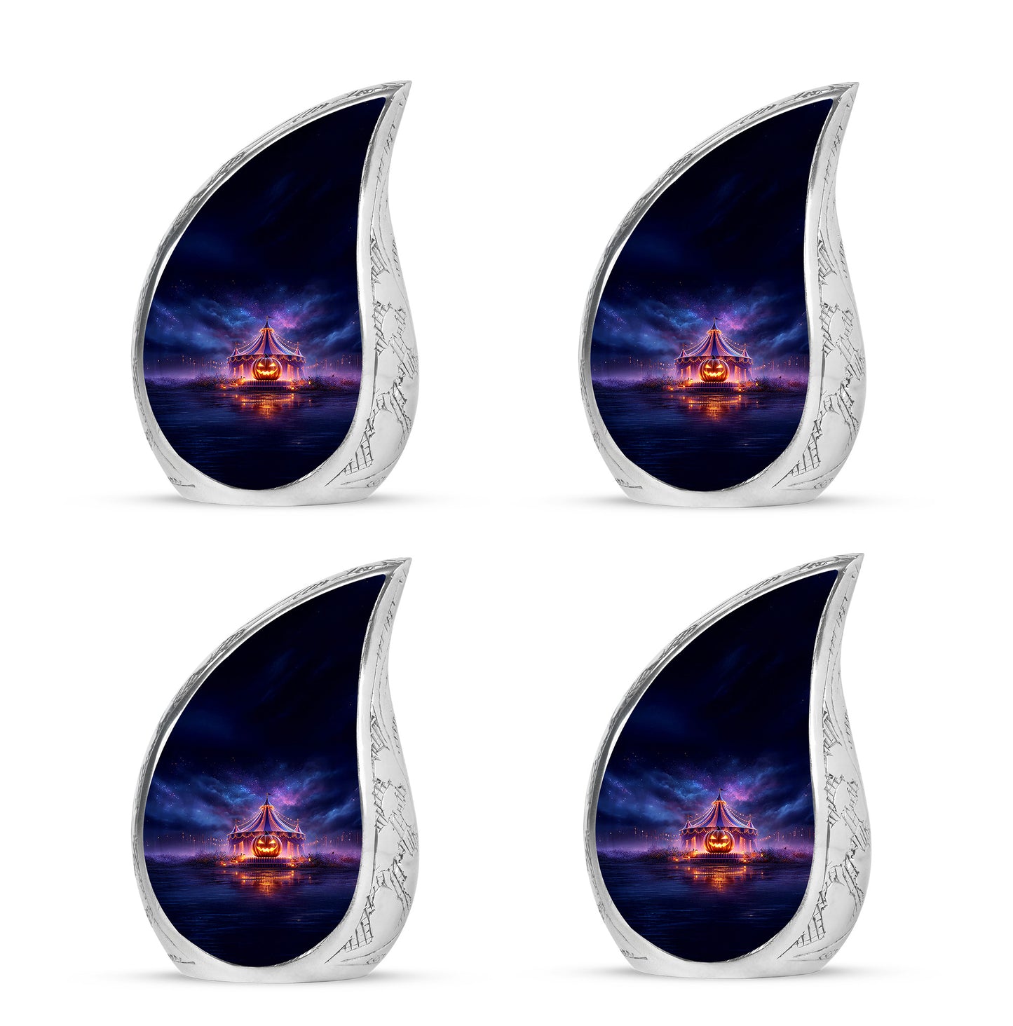 Cobalt Blue Halloween Cremation Urn close-up of engraving and surface detail - smooth teardrop contour featuring halloween art - 10 inch aluminum urn for cremated remains