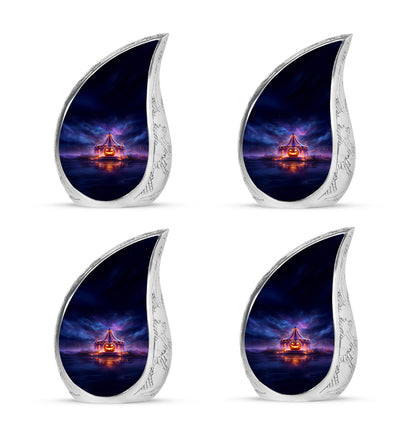 Cobalt Blue Halloween Cremation Urn close-up of engraving and surface detail - smooth teardrop contour featuring halloween art - 10 inch aluminum urn for cremated remains