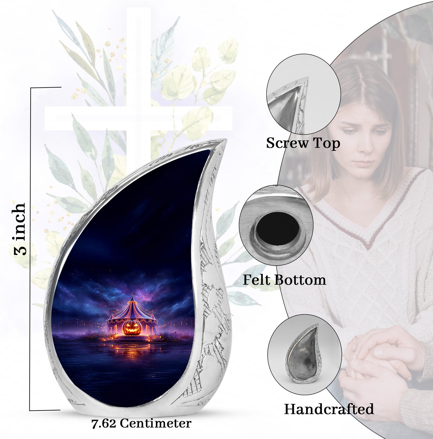 Cornflower Blue Halloween Cremation Urn angled view of lid and engraved motif - graceful tear-shaped urn with halloween motif - mini keepsake memorial for portion of cremation ashes
