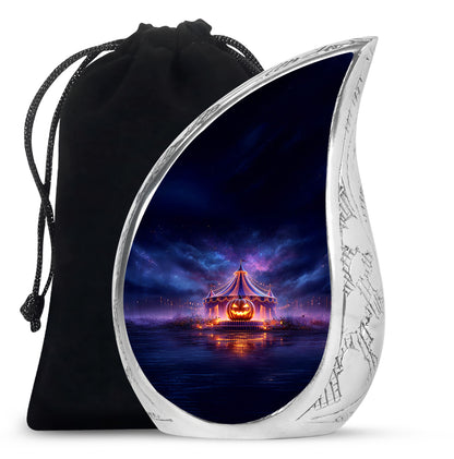 Soft Blue Halloween Cremation Urn front view showing detailed design - smooth teardrop contour featuring halloween art - full-size 10 inch 200 cubic inch adult cremation urn