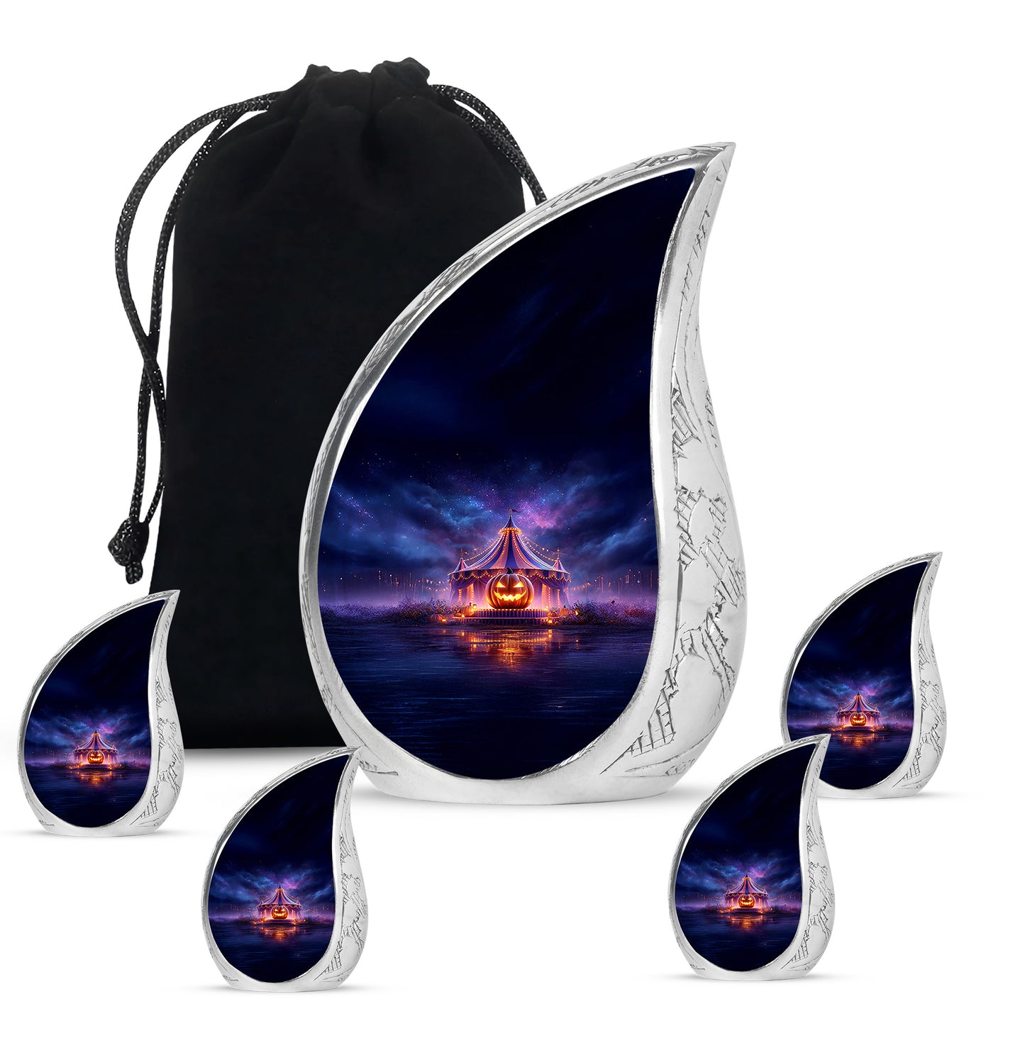 Misty Blue Halloween Cremation Urn side profile showing urn shape - flowing teardrop halloween silhouette on curved aluminum - memorial set with one large and four small urns