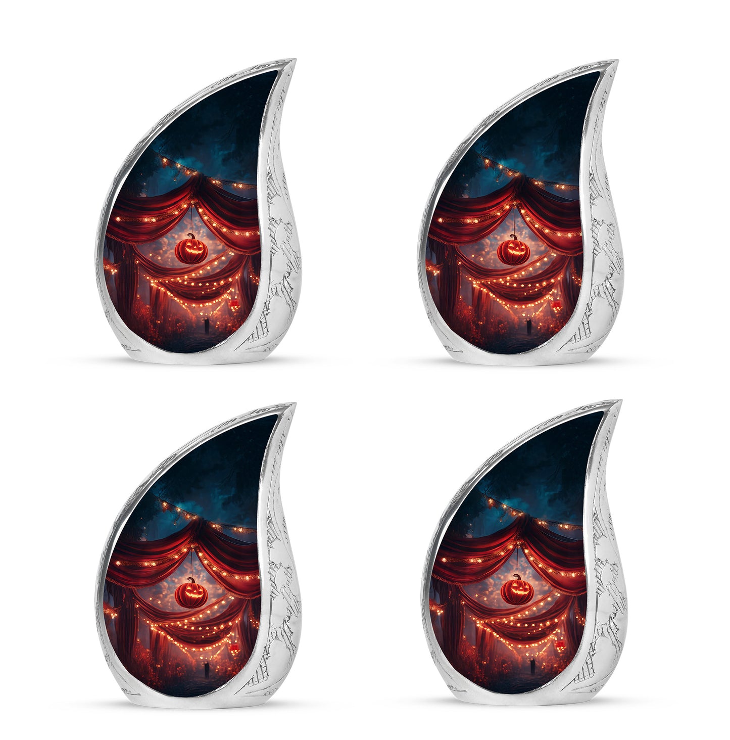 Scarlet Red Halloween Cremation Urn close-up of engraving and surface detail - graceful tear-shaped urn with halloween motif - 10 inch aluminum urn for cremated remains
