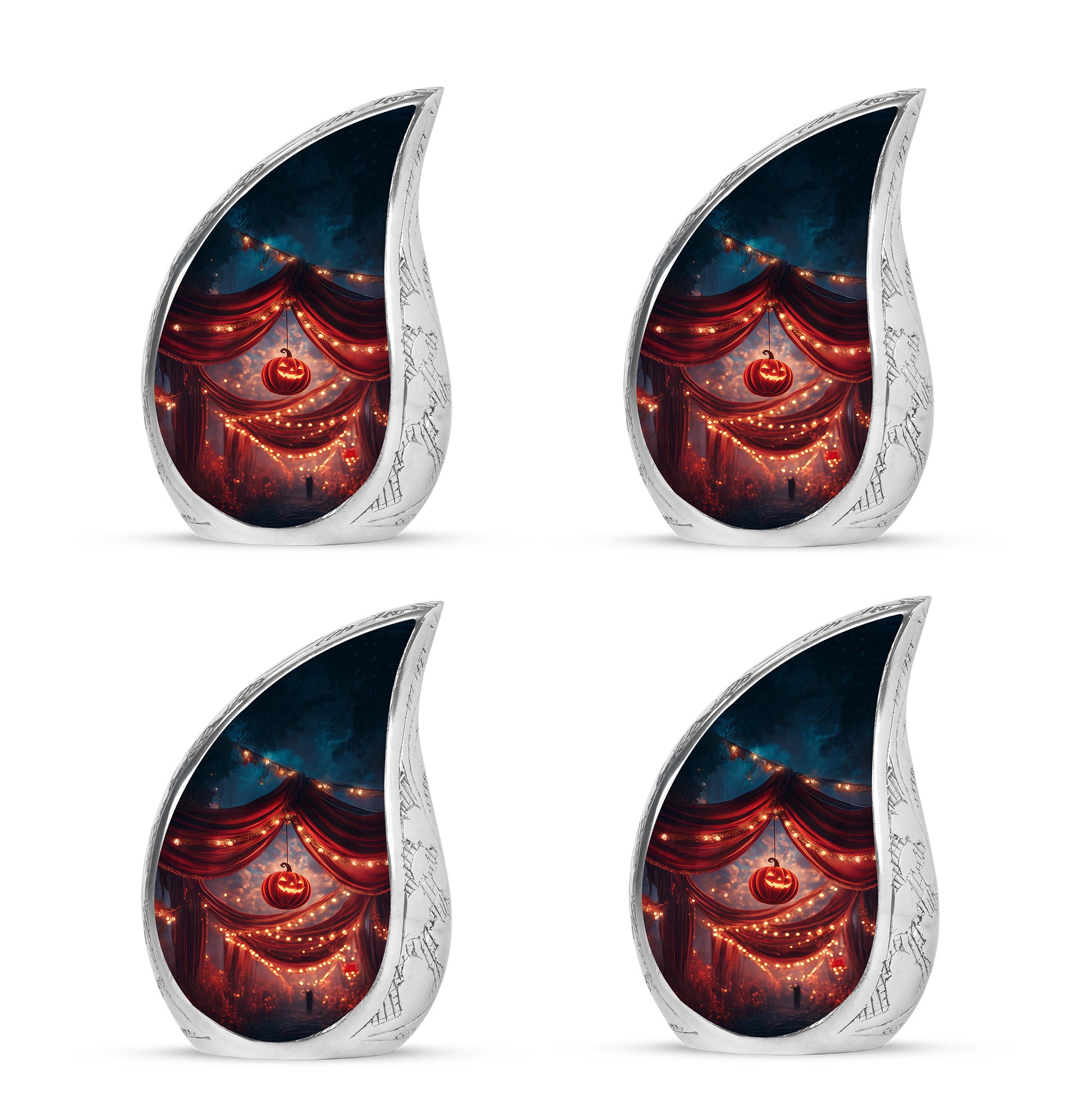 Scarlet Red Halloween Cremation Urn close-up of engraving and surface detail - graceful tear-shaped urn with halloween motif - 10 inch aluminum urn for cremated remains