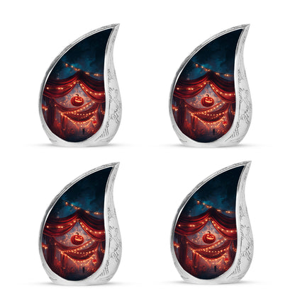 Scarlet Red Halloween Cremation Urn close-up of engraving and surface detail - graceful tear-shaped urn with halloween motif - 10 inch aluminum urn for cremated remains