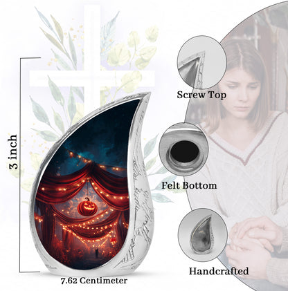 Wine Red Halloween Cremation Urn angled view of lid and engraved motif - flowing teardrop halloween silhouette on curved aluminum - mini keepsake memorial for portion of cremation ashes