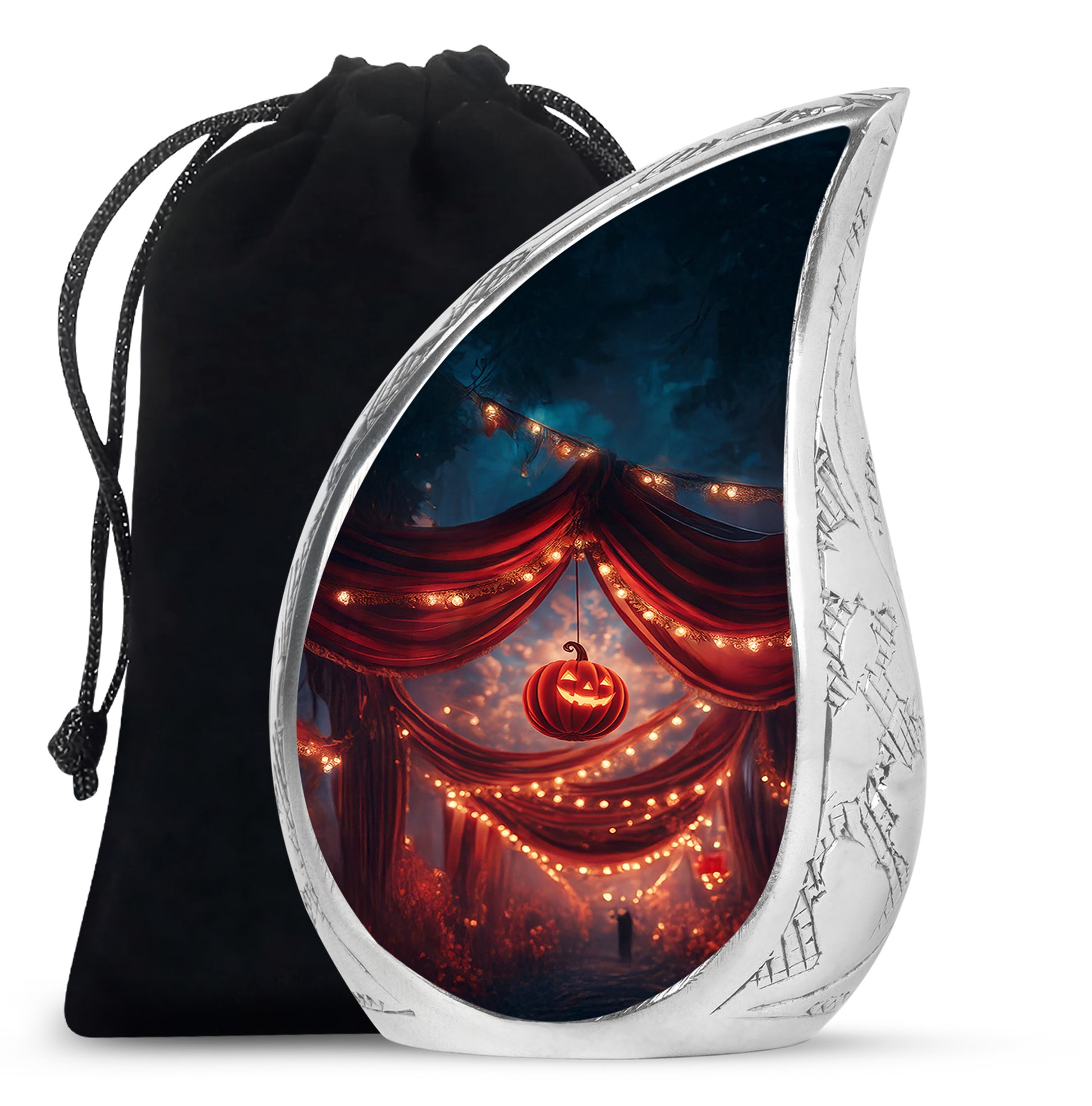 Garnet Red Halloween Cremation Urn front view showing detailed design - rounded teardrop halloween design with delicate detail - full-size 10 inch 200 cubic inch adult cremation urn