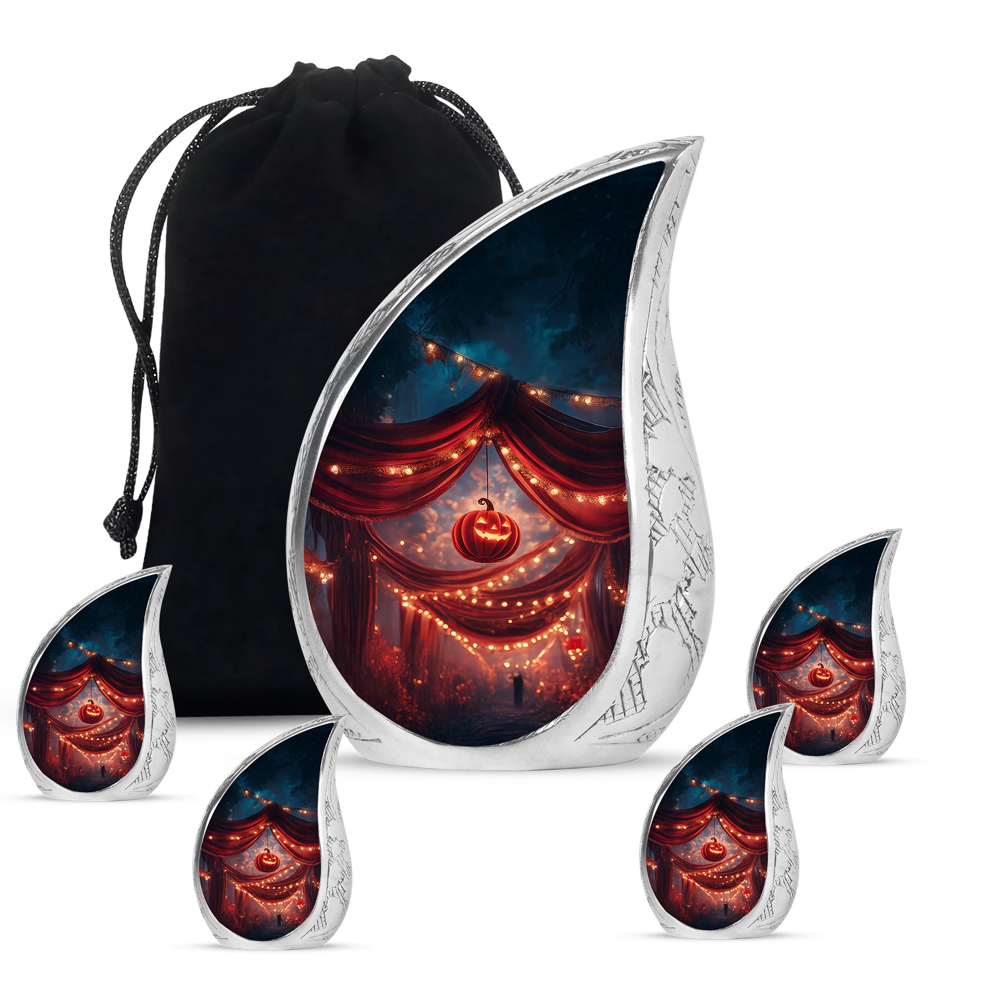 Garnet Red Halloween Cremation Urn side profile showing urn shape - flowing teardrop halloween silhouette on curved aluminum - memorial set with one large and four small urns
