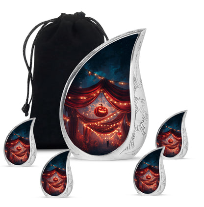 Garnet Red Halloween Cremation Urn side profile showing urn shape - flowing teardrop halloween silhouette on curved aluminum - memorial set with one large and four small urns
