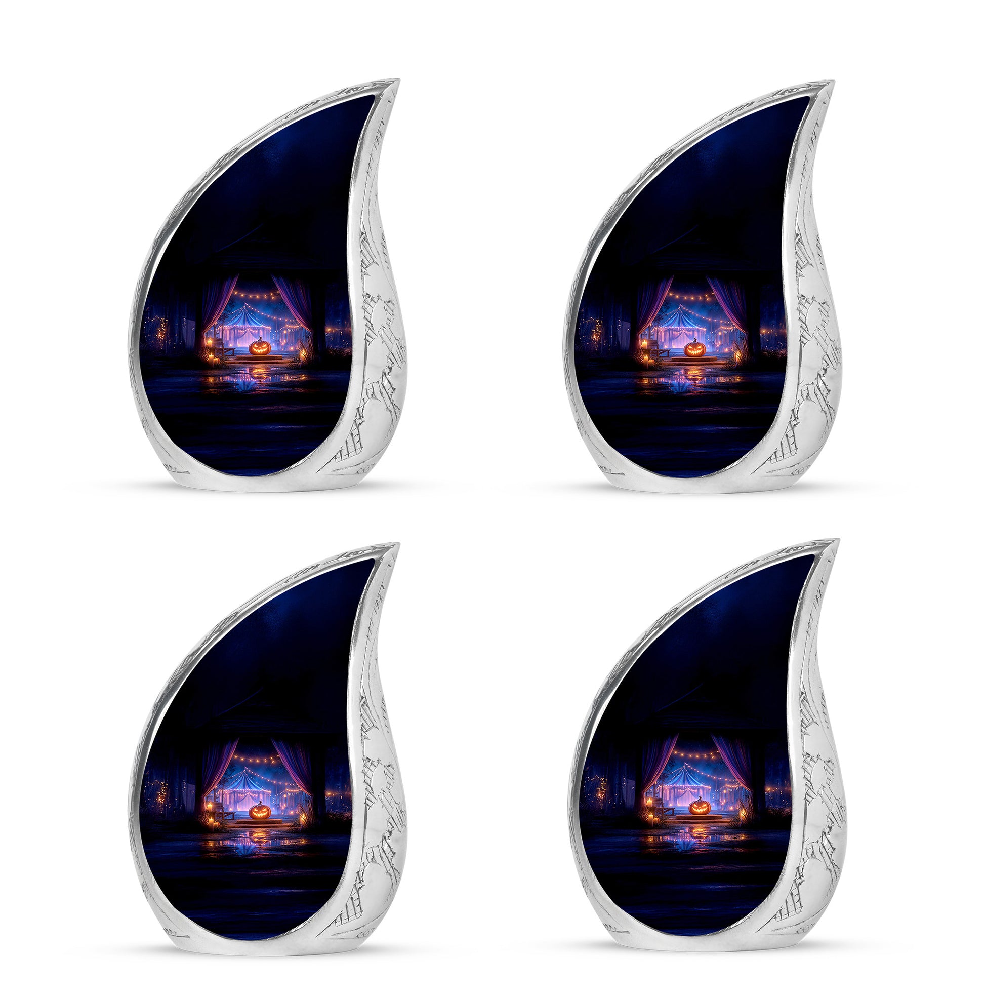 Deep Black Halloween Cremation Urn close-up of engraving and surface detail - flowing teardrop halloween silhouette on curved aluminum - 10 inch aluminum urn for cremated remains