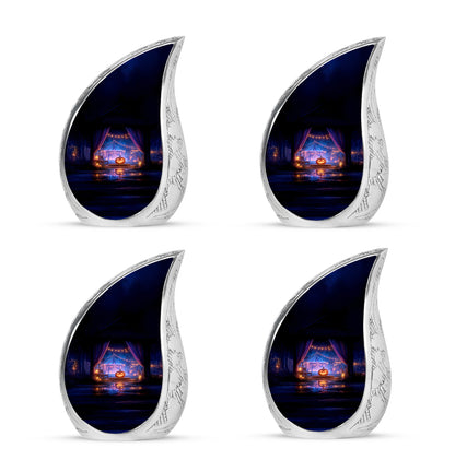 Deep Black Halloween Cremation Urn close-up of engraving and surface detail - flowing teardrop halloween silhouette on curved aluminum - 10 inch aluminum urn for cremated remains