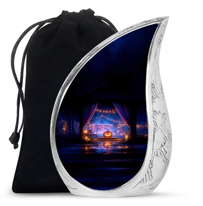 Obsidian Black Halloween Cremation Urn front view showing detailed design - smooth teardrop contour featuring halloween art - full-size 10 inch 200 cubic inch adult cremation urn