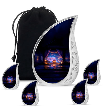 Rich Black Halloween Cremation Urn side profile showing urn shape - flowing teardrop halloween silhouette on curved aluminum - memorial set with one large and four small urns