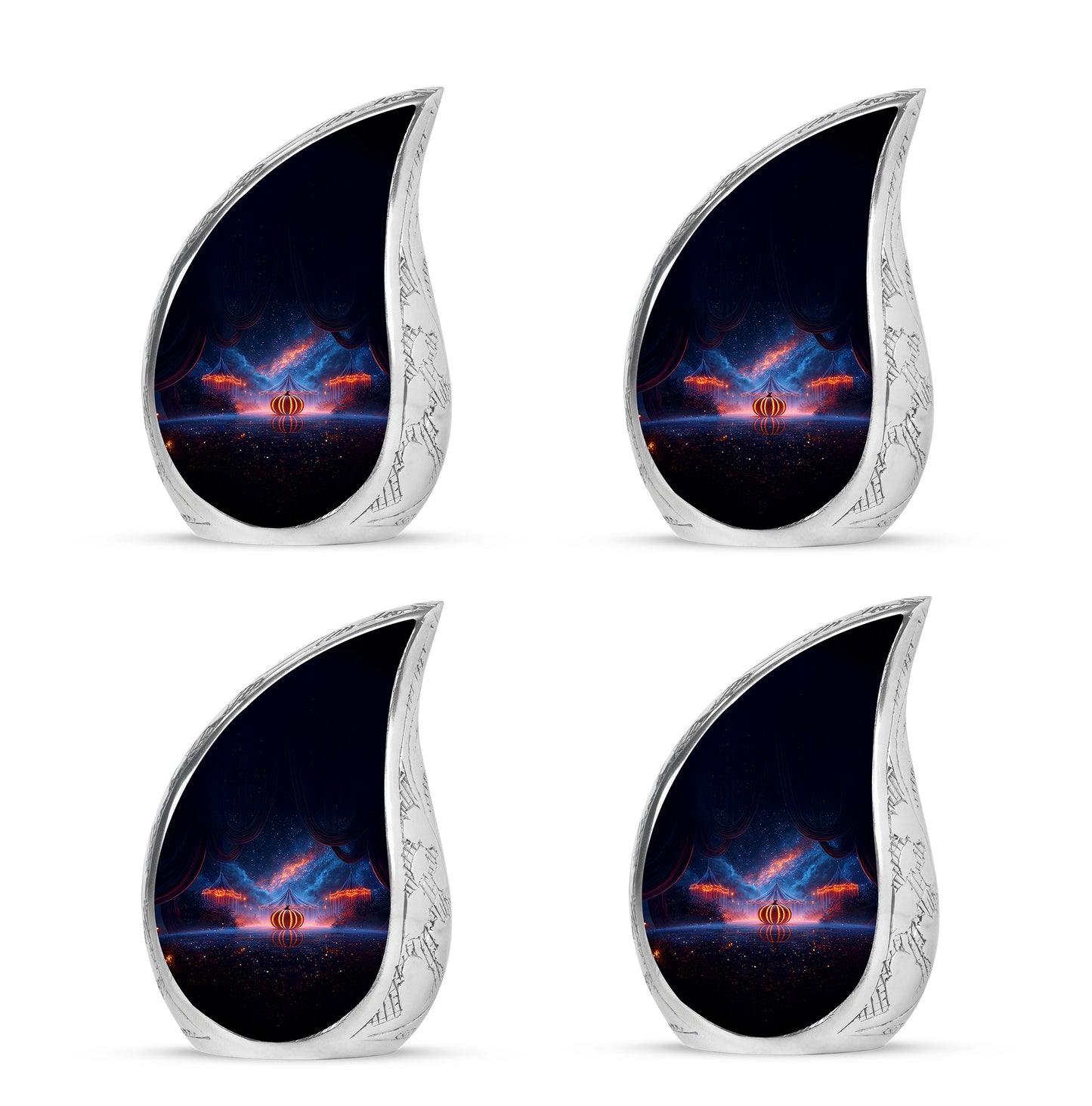 Calming Blue Halloween Cremation Urn close-up of engraving and surface detail - graceful tear-shaped urn with halloween motif - 10 inch aluminum urn for cremated remains