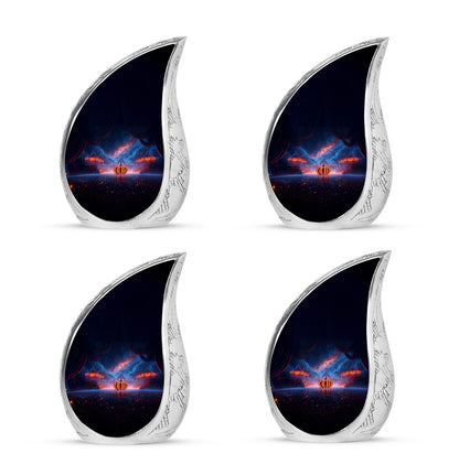 Calming Blue Halloween Cremation Urn close-up of engraving and surface detail - graceful tear-shaped urn with halloween motif - 10 inch aluminum urn for cremated remains