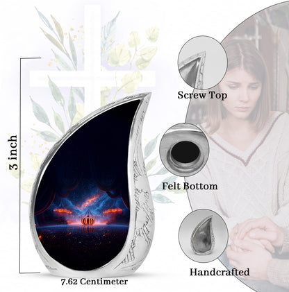 Azure Halloween Cremation Urn angled view of lid and engraved motif - flowing teardrop halloween silhouette on curved aluminum - mini keepsake memorial for portion of cremation ashes