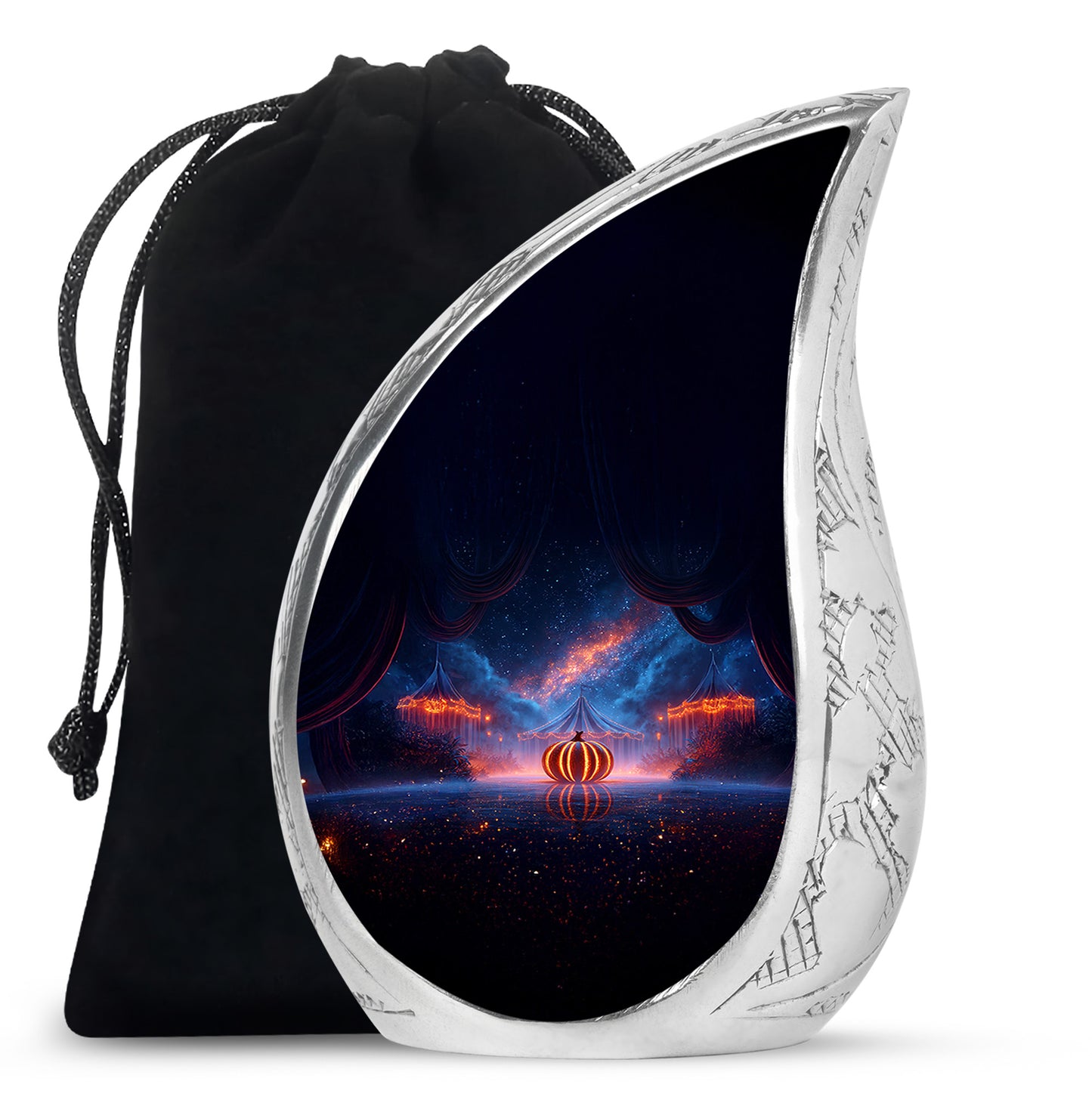 Powder Blue Halloween Cremation Urn front view showing detailed design - flowing teardrop halloween silhouette on curved aluminum - full-size 10 inch 200 cubic inch adult cremation urn