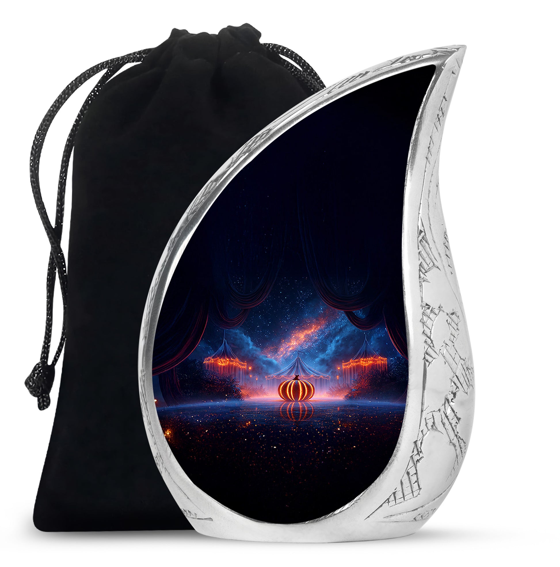 Powder Blue Halloween Cremation Urn front view showing detailed design - flowing teardrop halloween silhouette on curved aluminum - full-size 10 inch 200 cubic inch adult cremation urn