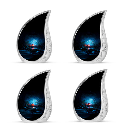 Glossy Black Halloween Cremation Urn close-up of engraving and surface detail - rounded teardrop halloween design with delicate detail - 10 inch aluminum urn for cremated remains