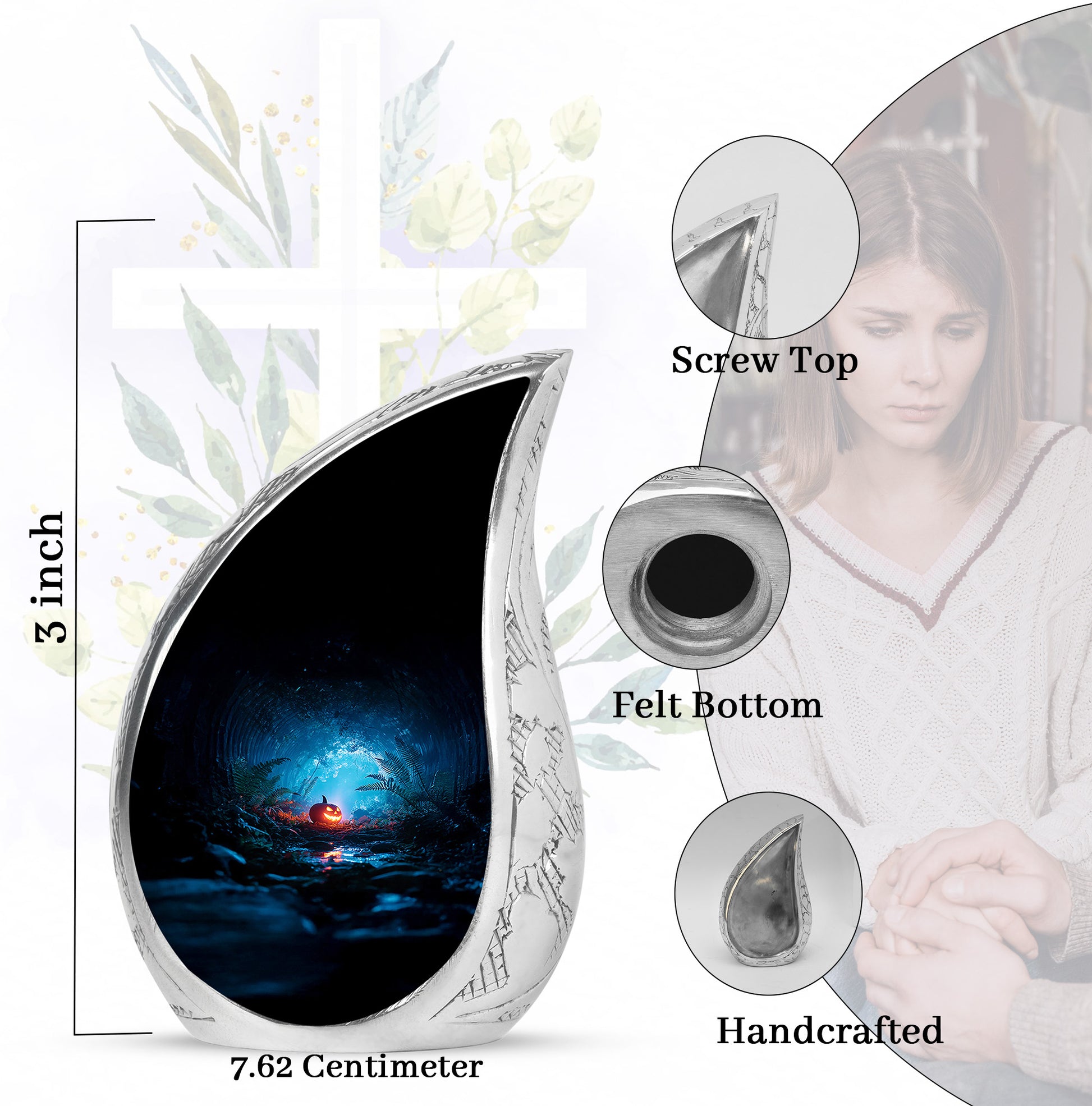 Glossy Black Halloween Cremation Urn angled view of lid and engraved motif - rounded teardrop halloween design with delicate detail - mini keepsake memorial for portion of cremation ashes