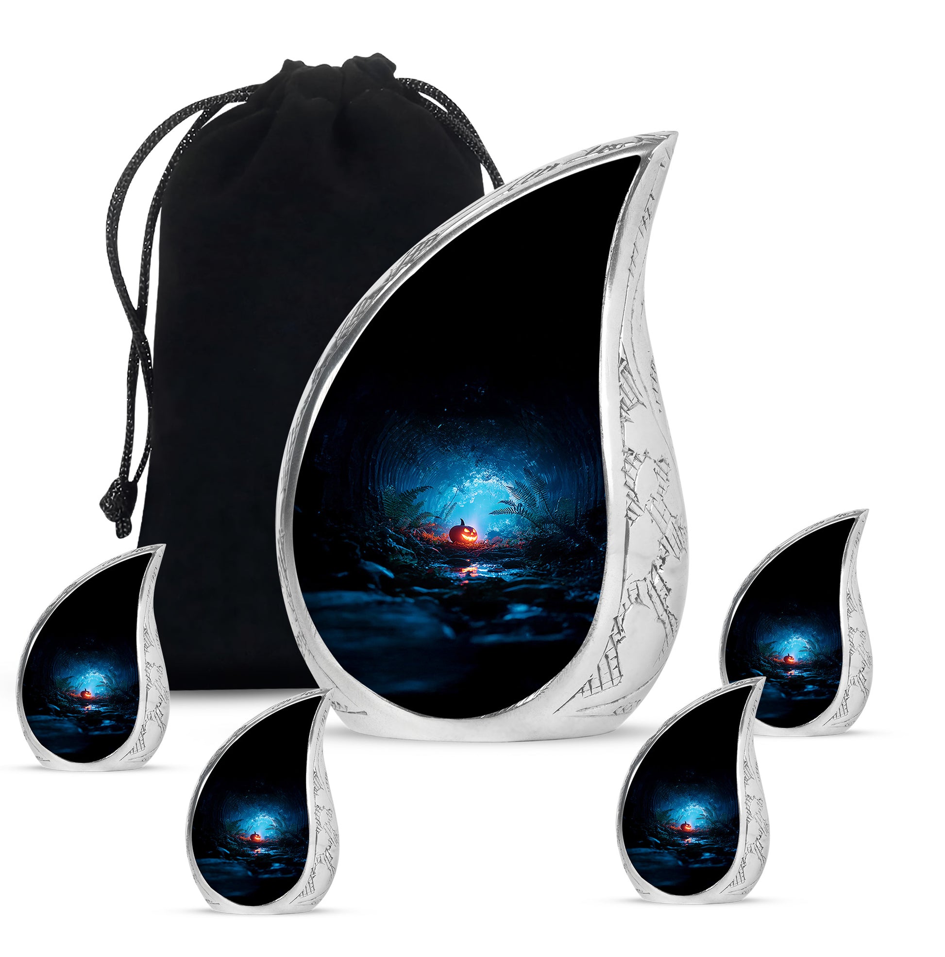 Deep Black Halloween Cremation Urn side profile showing urn shape - flowing teardrop halloween silhouette on curved aluminum - memorial set with one large and four small urns