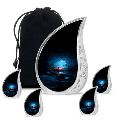 Deep Black Halloween Cremation Urn side profile showing urn shape - flowing teardrop halloween silhouette on curved aluminum - memorial set with one large and four small urns