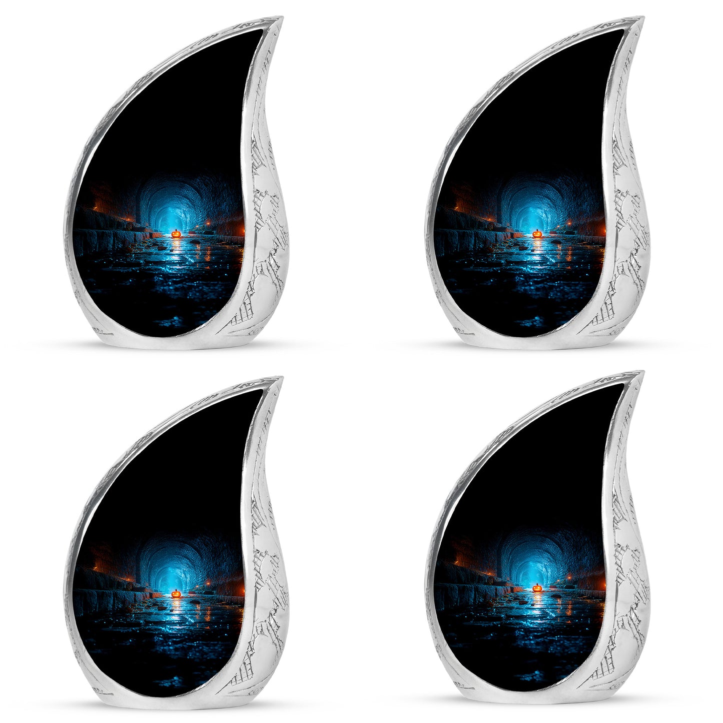 Glossy Black Halloween Cremation Urn close-up of engraving and surface detail - rounded teardrop halloween design with delicate detail - 10 inch aluminum urn for cremated remains