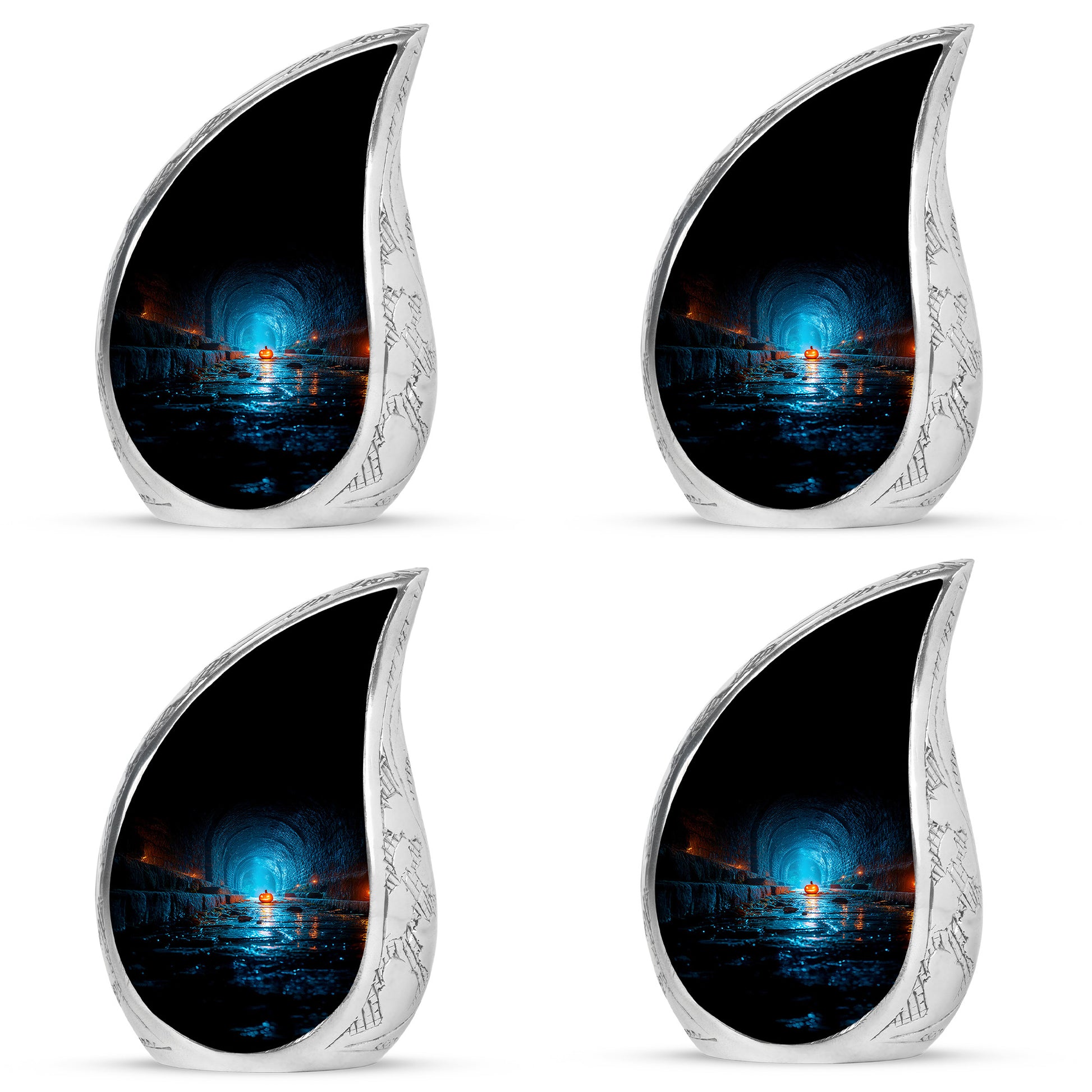 Glossy Black Halloween Cremation Urn close-up of engraving and surface detail - rounded teardrop halloween design with delicate detail - 10 inch aluminum urn for cremated remains