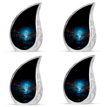 Glossy Black Halloween Cremation Urn close-up of engraving and surface detail - rounded teardrop halloween design with delicate detail - 10 inch aluminum urn for cremated remains