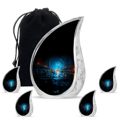Dark Black Halloween Cremation Urn side profile showing urn shape - graceful tear-shaped urn with halloween motif - memorial set with one large and four small urns