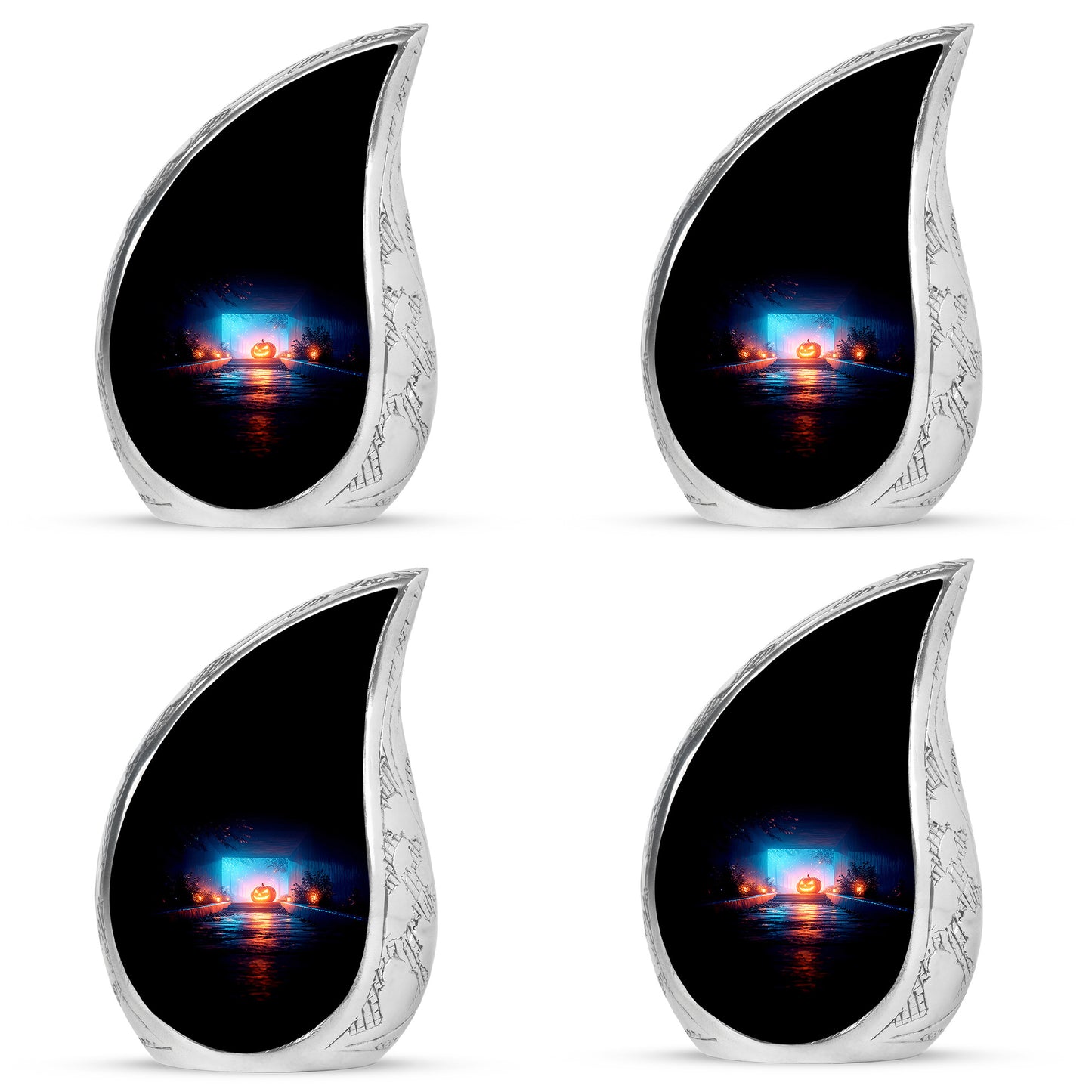 Charcoal Black Halloween Cremation Urn close-up of engraving and surface detail - graceful tear-shaped urn with halloween motif - 10 inch aluminum urn for cremated remains