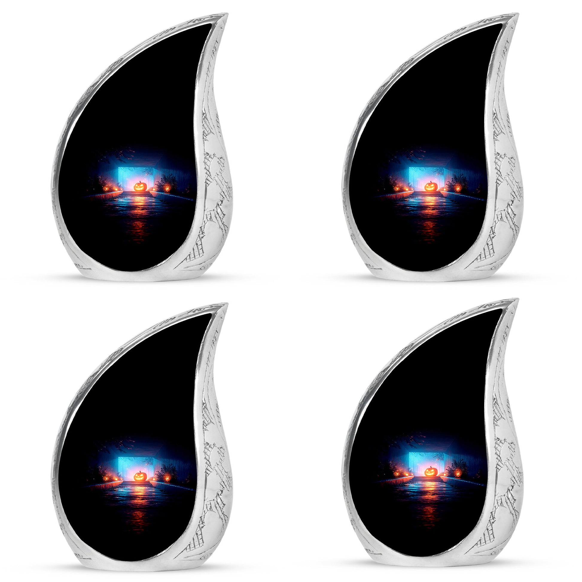 Charcoal Black Halloween Cremation Urn close-up of engraving and surface detail - graceful tear-shaped urn with halloween motif - 10 inch aluminum urn for cremated remains