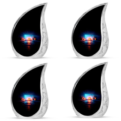 Charcoal Black Halloween Cremation Urn close-up of engraving and surface detail - graceful tear-shaped urn with halloween motif - 10 inch aluminum urn for cremated remains