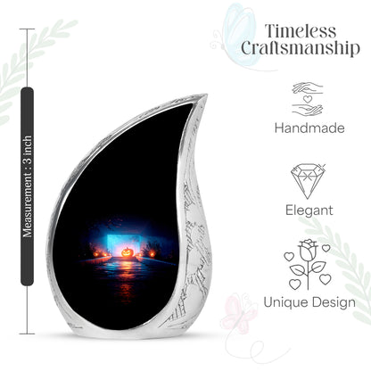Glossy Black Halloween Cremation Urn angled view of lid and engraved motif - flowing teardrop halloween silhouette on curved aluminum - mini keepsake memorial for portion of cremation ashes