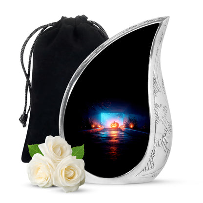 Dark Black Halloween Cremation Urn front view showing detailed design - graceful tear-shaped urn with halloween motif - full-size 10 inch 200 cubic inch adult cremation urn