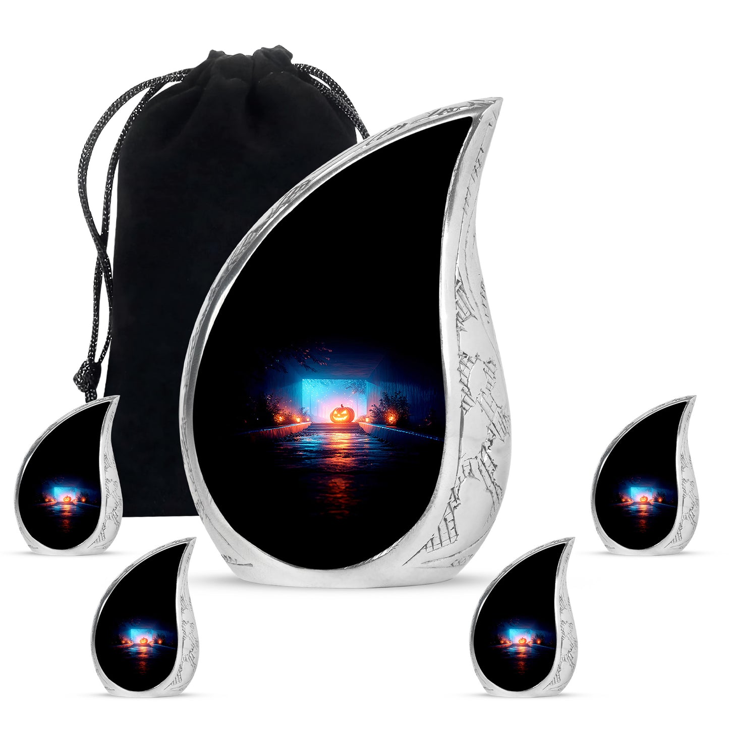 Dark Black Halloween Cremation Urn side profile showing urn shape - smooth teardrop contour featuring halloween art - memorial set with one large and four small urns