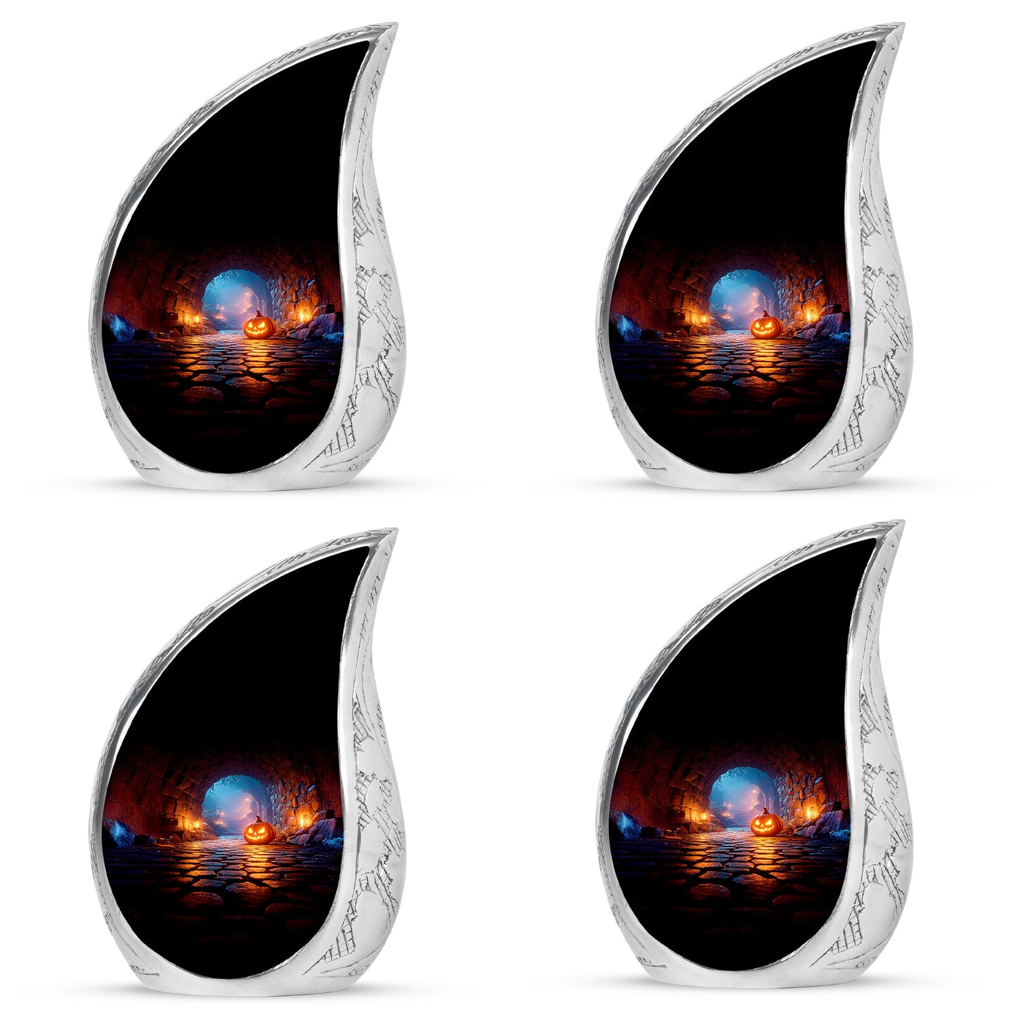 Ebony Halloween Cremation Urn close-up of engraving and surface detail - flowing teardrop halloween silhouette on curved aluminum - 10 inch aluminum urn for cremated remains
