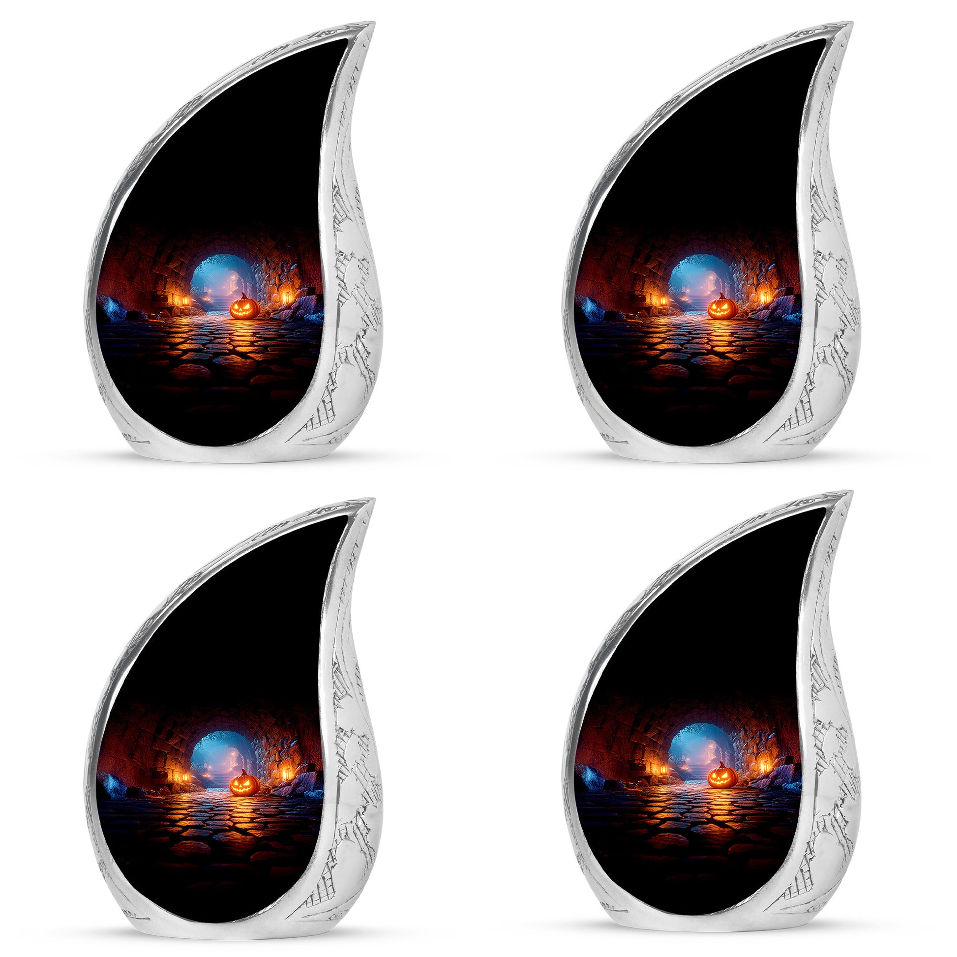 Ebony Halloween Cremation Urn close-up of engraving and surface detail - flowing teardrop halloween silhouette on curved aluminum - 10 inch aluminum urn for cremated remains